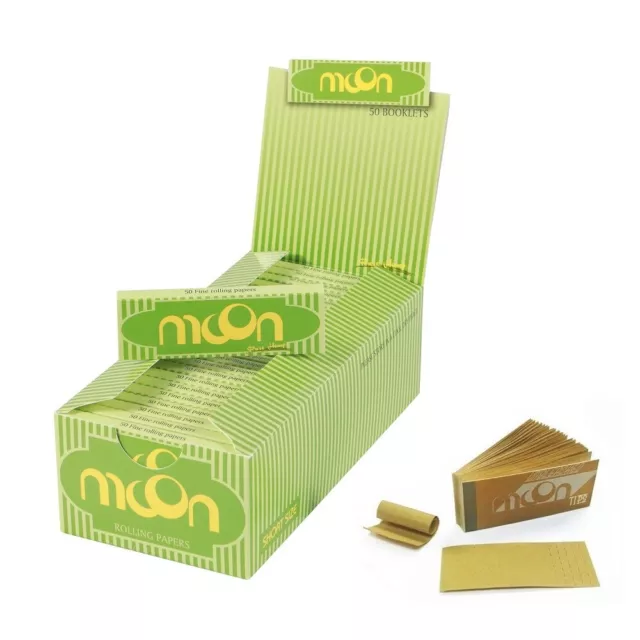 MOON 50 booklets Hemp Tobacco Rolling Papers 70*36mm + 1 Unbleached Tips 1 Box