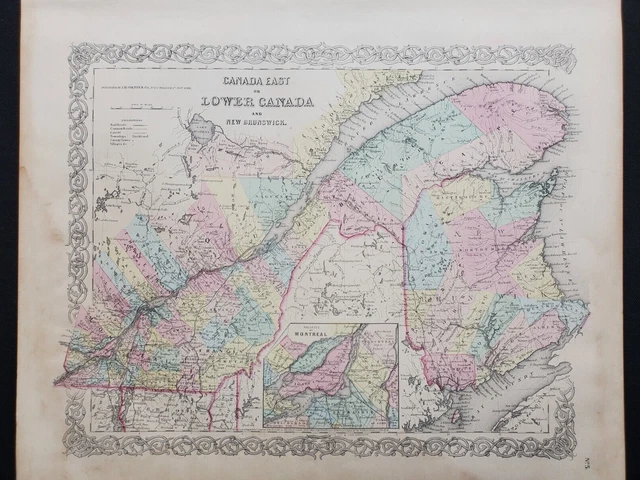 1855 Colton Map Eastern Canada Quebec - 100% Genuine Antique