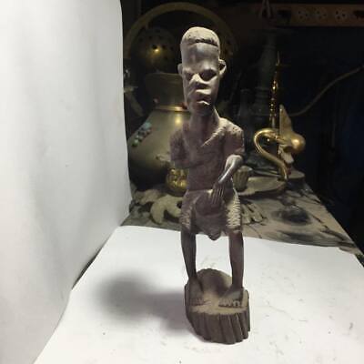 Vintage Hand Carved  African Tribal Man Warrior Drummer Wooden Statue Sculpture