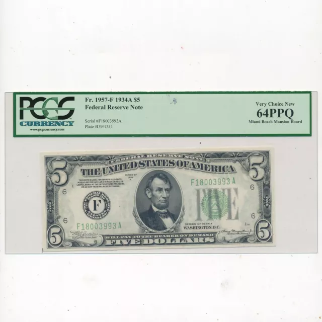 Fr. 1957-F 1934A $5 Federal Reserve Note  $5 - Pcgs 64Ppq - Ships Free!