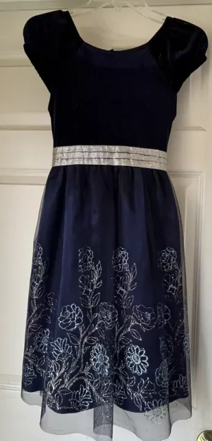 Jona Michelle Girls Dress Size 12 Formal Navy Blue/Silver Velvet Sparkle Dress