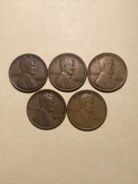 lot of 5 lincoln Wheat cent pennies / 1921 1923 1924 1926 1928