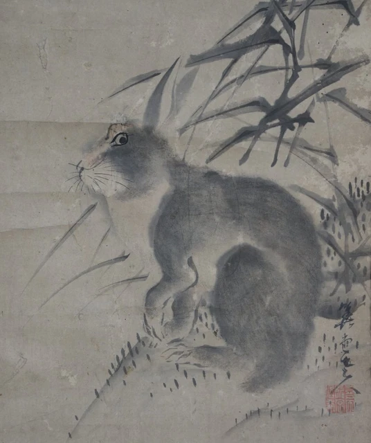 Antique Japan full moon rabbit Usagi ink on paper 1800 Sumi-e Edo art
