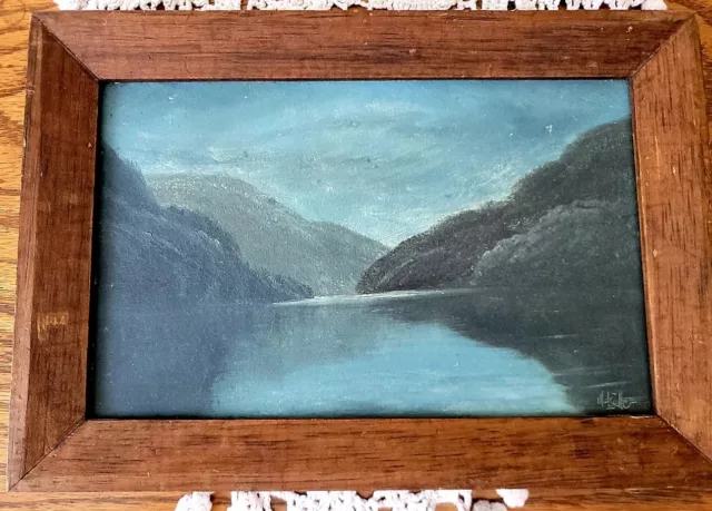 Antique Folkart Mountain Lake Oil Painting on Board Framed Signed 9"×13"