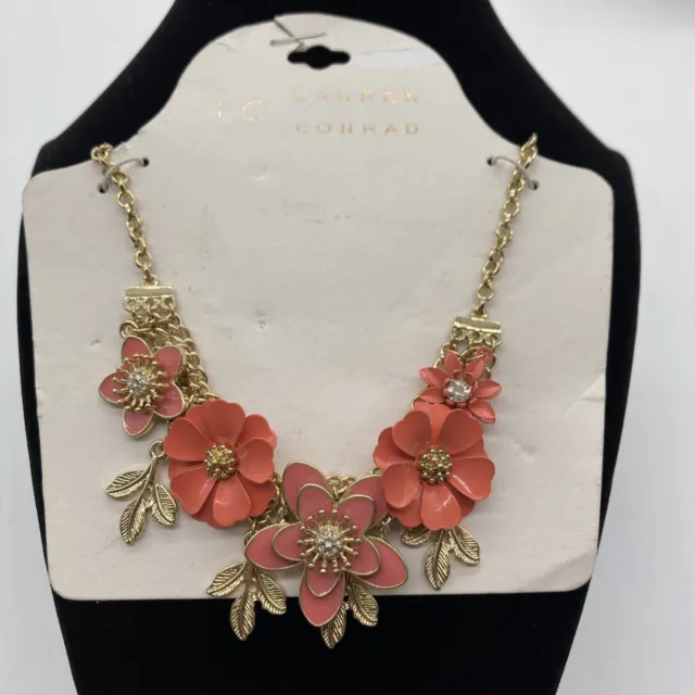 Lauren Conrad Gold Tone Fuschia Flowers and Leaves Crystals Necklace New