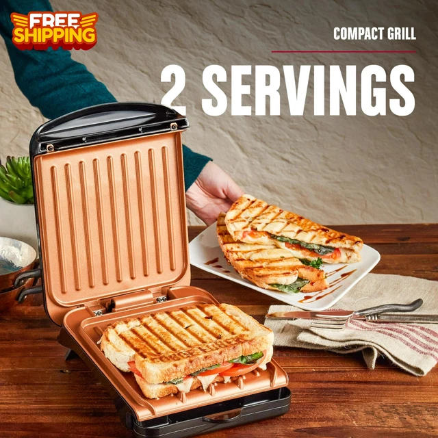 Black Electric Indoor Grill and Panini Press with Copper Plates, Serves 2