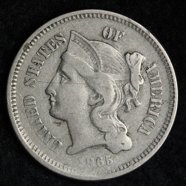 1865 Big Die Crack Three Cent Nickel Piece CHOICE VF E390 STXP