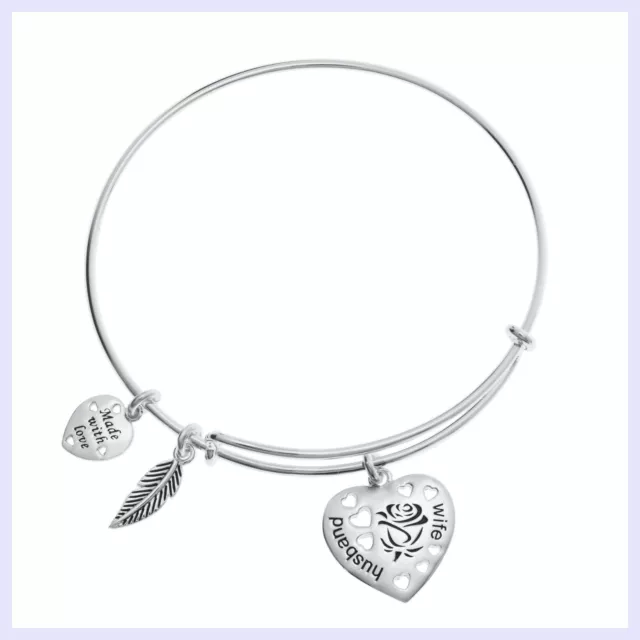 Sterling Silver Husband Wife Heart Feather Dangle Charm Adjustable Wire Bracelet