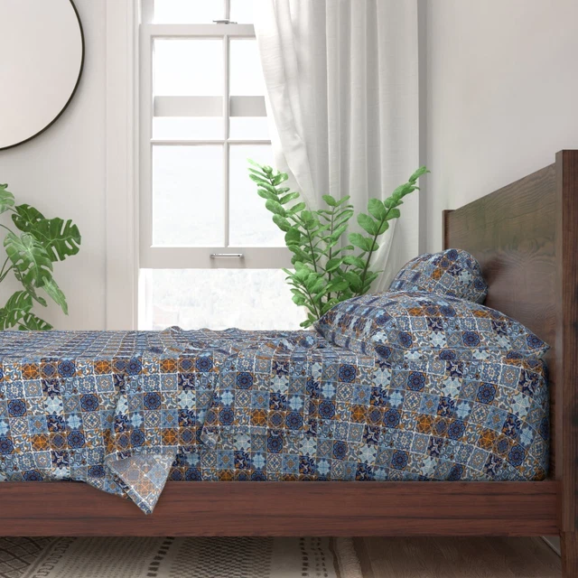 Sea Spanish Tile Moroccan Mexican 100% Cotton Sateen Sheet Set by Spoonflower