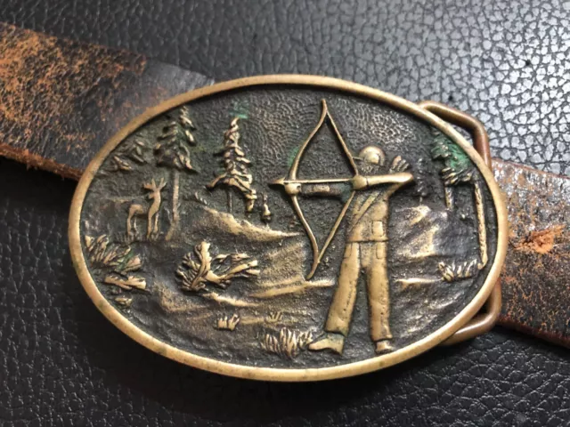 Deer Archery Bow and Arrow Buck Hunter Solid Brass 1978 Vintage BTS Belt Buckle