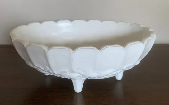 Vintage White Milk Glass Large 12" Oval Footed Scalloped Grape Fruit Bowl