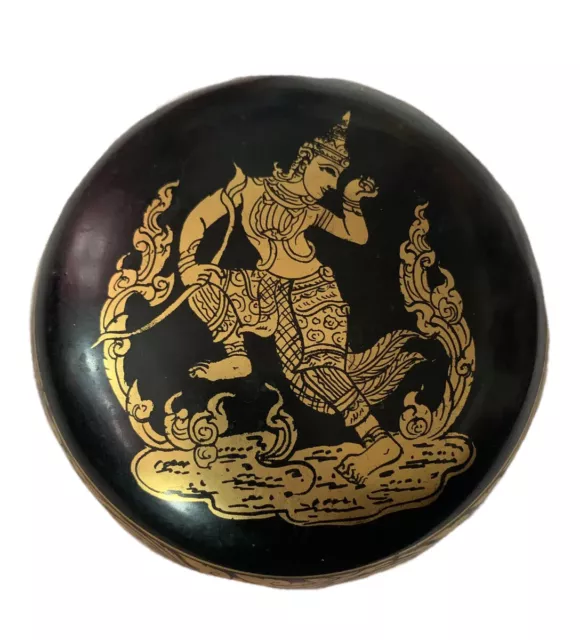 Beautiful Vintage Burmese Round Lacquer Box Dancer Deco Gold Leaf On Black