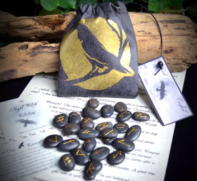 25 Raven RUNE STONES & BAG Wicca Pagan Witchcraft Viking Divination Faux Leather