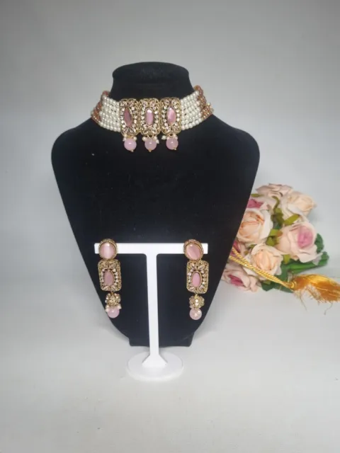 Indian Pakistani Pearl choker Set With Pink And Polki stones