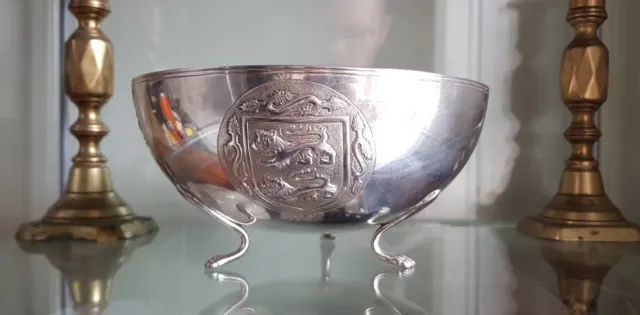 Quality Antique 800 Silver 3 Footed Bowl. Flags/Crests - Russia Normandy England