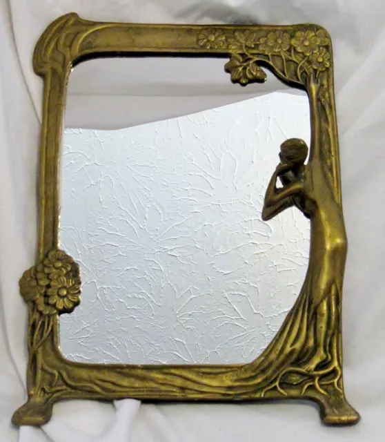 Vintage Art Deco Nouveau Brass Vanity Table Top Mirror Lake Lady Flowers 12.5"