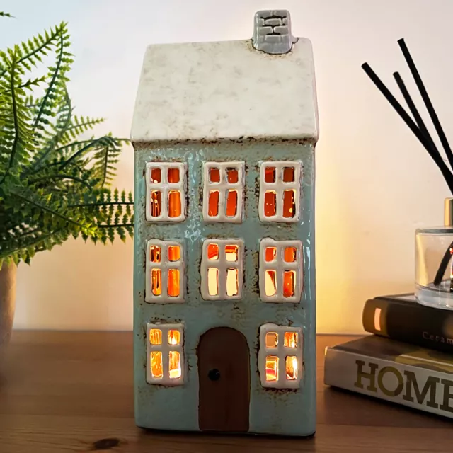 Tall Blue House Tea Light Holder Glazed Ceramic Pottery Cottage Candle Ornament