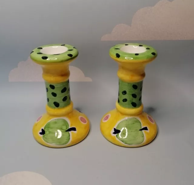 Pair Vintage Candle Stick Holders Ceramic 1990s Design Hand Painted Yellow Green