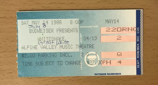 1988 Whitesnake / Great White Alpine Valley East Troy Wis.  Concert Ticket Stub