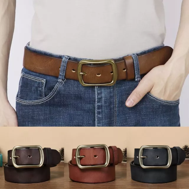 Résistant Hommes 38mm Ceinture Cuir Avec Broche Simple Unie Laiton Boucle Retro