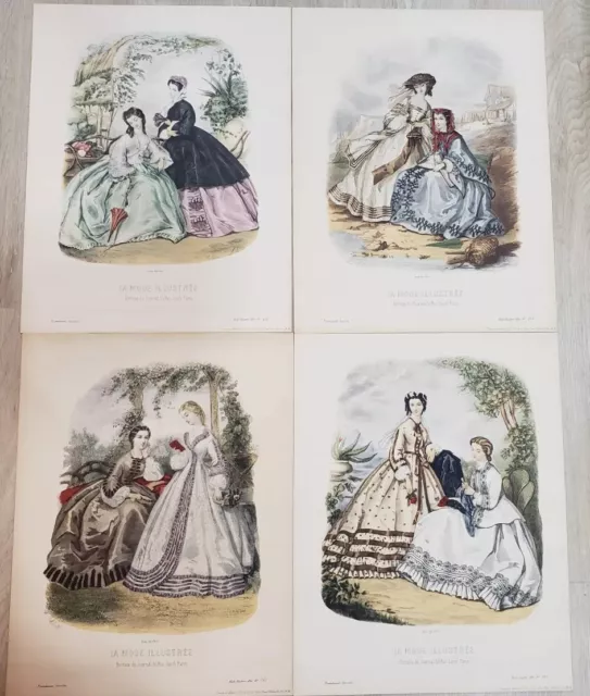 Vintage La Mode Illustree Fashion Print Ads Paris Victorian Women 1862 Set of 4