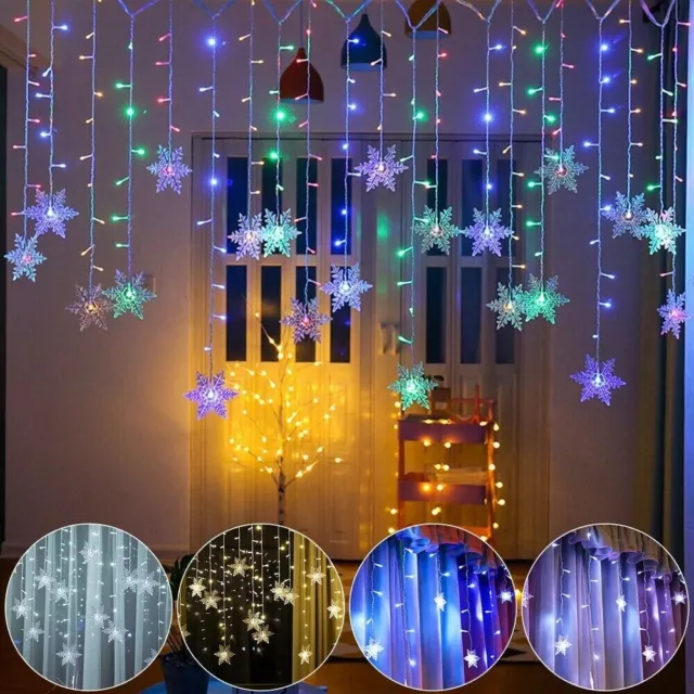 96 LED Snowflake Fairy Curtain String Lights Hanging Xmas Party Christmas Decor
