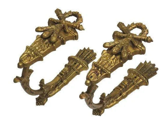 Pair Large Antique French Victorian Style Ornate Cast Brass Curtain Tie Backs