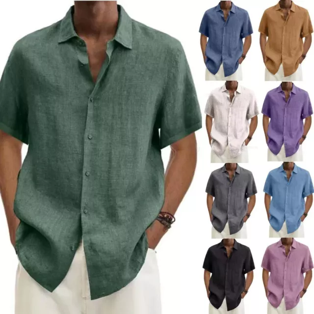 Men Linen Style Short Sleeve Shirts Beach Casual Button Down Formal Dress Shirt