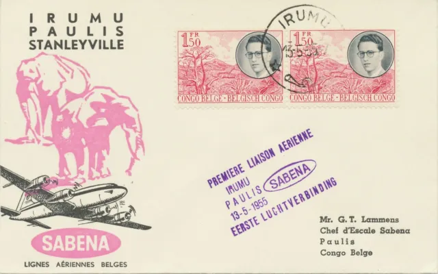 BELGISCH-KONGO 1955 sehr selt. Kab.-Inlands-Erstflug der SABENA "IRUMU – PAULIS"