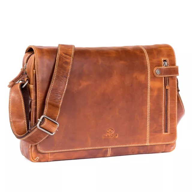 ALMADIH Leder Umhängetasche Messenger DYLAN Aktentasche Laptoptasche Braun D