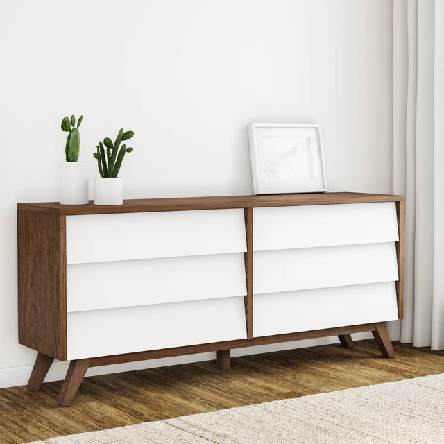 Mid-Century White and Brown Dresser by Baxton Studio White 6-drawer