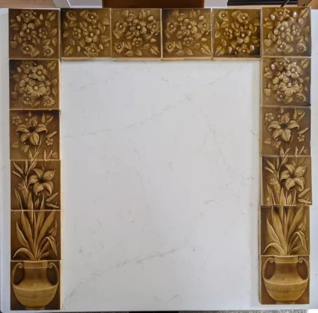 Antique Victorian Fireplace Surround: 16 Tiles with Potted Flowers
