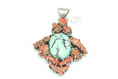 Old Pendant 925 Sterling Silver Natural Turquoise & Coral Fossil Gem Stones - 4