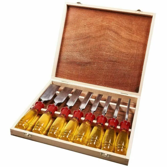 8pz SET SCALPELLI Strumenti da Lavoro Intaglio Legno SCATOLA IN LEGNO Scalpelli Falegname E0610 UK