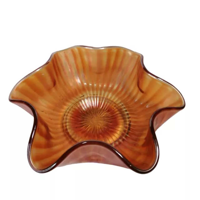 Vintage Northwood Peach Luster Stippled Rays Carnival Glass Ruffled Rim Bowl