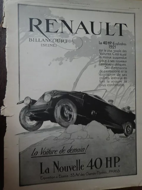RENAULT 40 HP 9 cylindres automobile 160 publicité papier ILLUSTRATION 1921