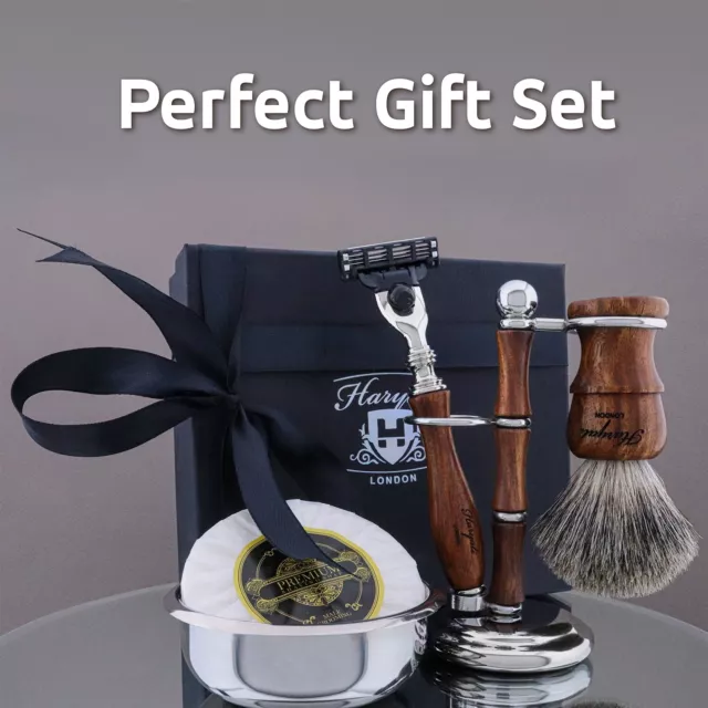 Wooden Shaving Set Kit 5 Edge Razor Synthetic Brush Bowl Soap Stand Luxury Gift