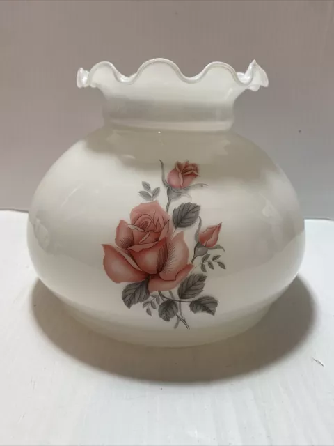 Milk Glass Lamp Shade 6Hx7.5W" Fitter Vintage EUC Hurricane Roses Crimped Top