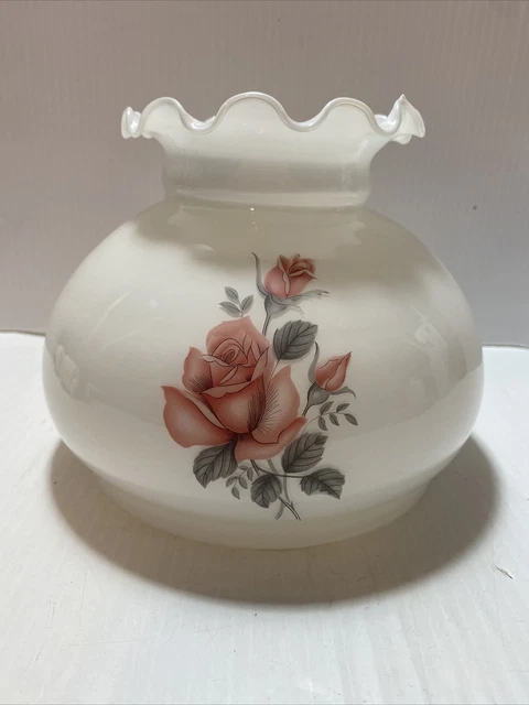 Milk Glass Lamp Shade 6Hx7.5W" Fitter Vintage EUC Hurricane Roses Crimped Top