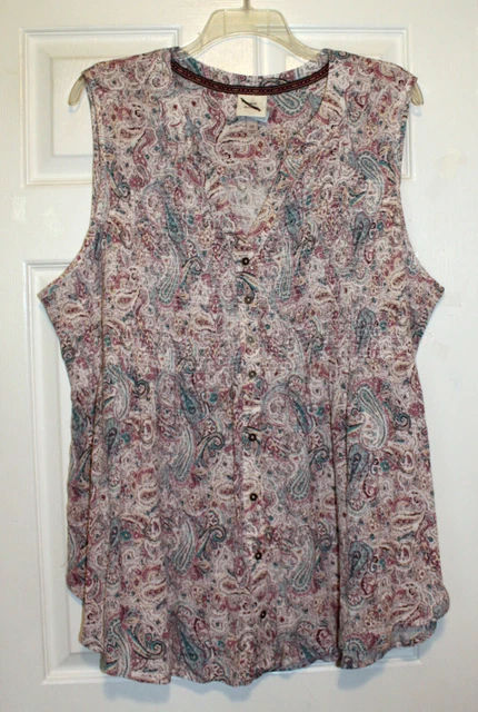 Knox Rose 3X Plus Beige Paisley Small Print Smocked Sleeveless Shirt Top New