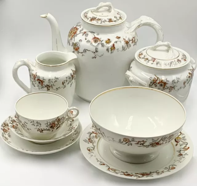 LOVELY c1888 H&Co HAVILAND LIMOGES 30pc COFFEE SERVICE FOR 6; RUST FLORAL; 6212