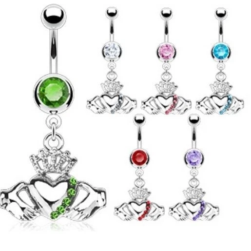 Claddagh Crown Heart Navel Belly Ring Gem Cz Dangle Button Piercing Jewelry