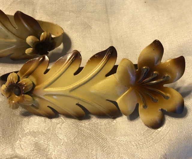 Vintage  Drapery Curtain Pull Back Ties  Embossed Metal Yellow Brown Leaf Floral 2
