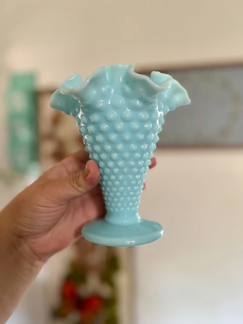 Vintage Fenton Art Glass Light Blue Milk Glass Hobnail Trumpet Ruffled Vase