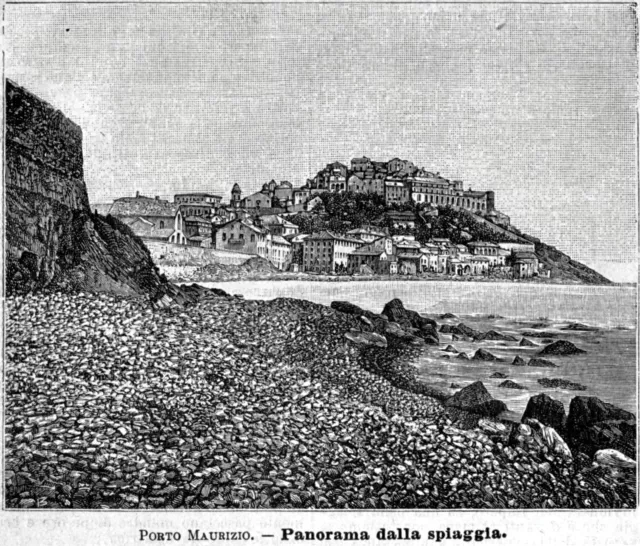 Imperia: Porto Maurizio: panorama del Borgo Parasio. Stampa antica del 1889