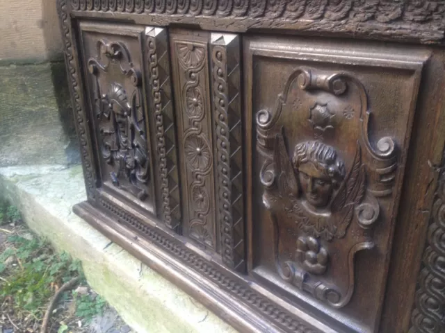 Exceptional 16th Century Two Panel Carved Oak Church Coffer Angel Elizabethan