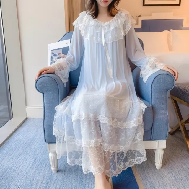 Women Lolita Nightgown Lace Trimming Vintage Long Sleeve Nightdress Sleepwear