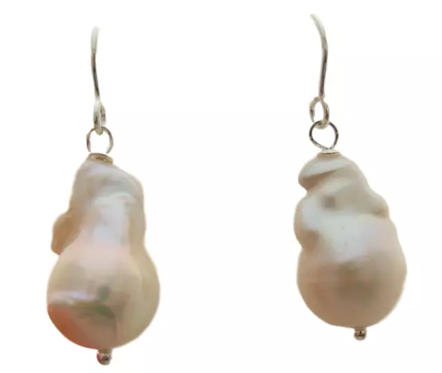 19x12mm Natural Freshwater White Keshi Baroque Pearl  Silver Hook Drop Earrings