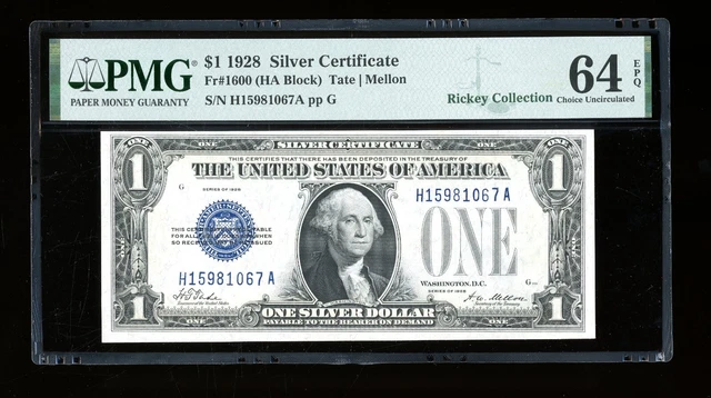 DBR 1928 $1 Silver Fr. 1600 HA Block PMG 64 EPQ Serial H15981067A