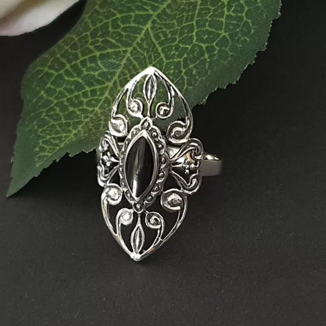Großer Damen Silber Ring 925 Ornamente Ring mit schwarzem Onyx Stein